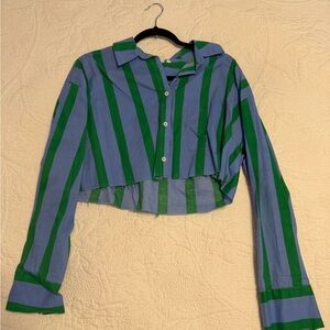 Striped Cropped Button-Up Shirt in Blue and Green